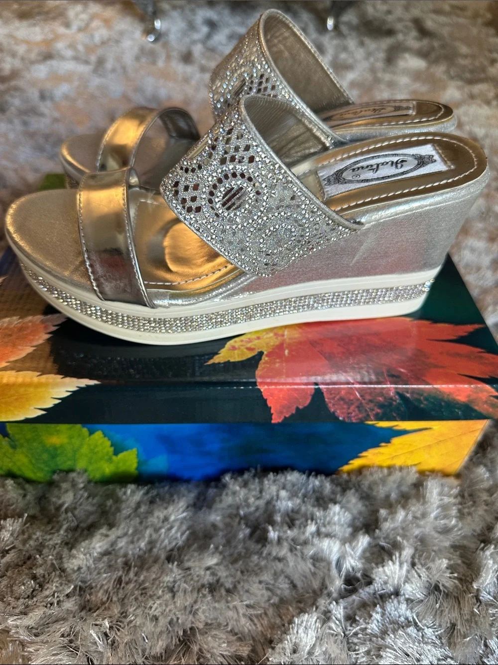 Italina Silver Crystal Rhinestone Wedge Sandals Size 8 NIB